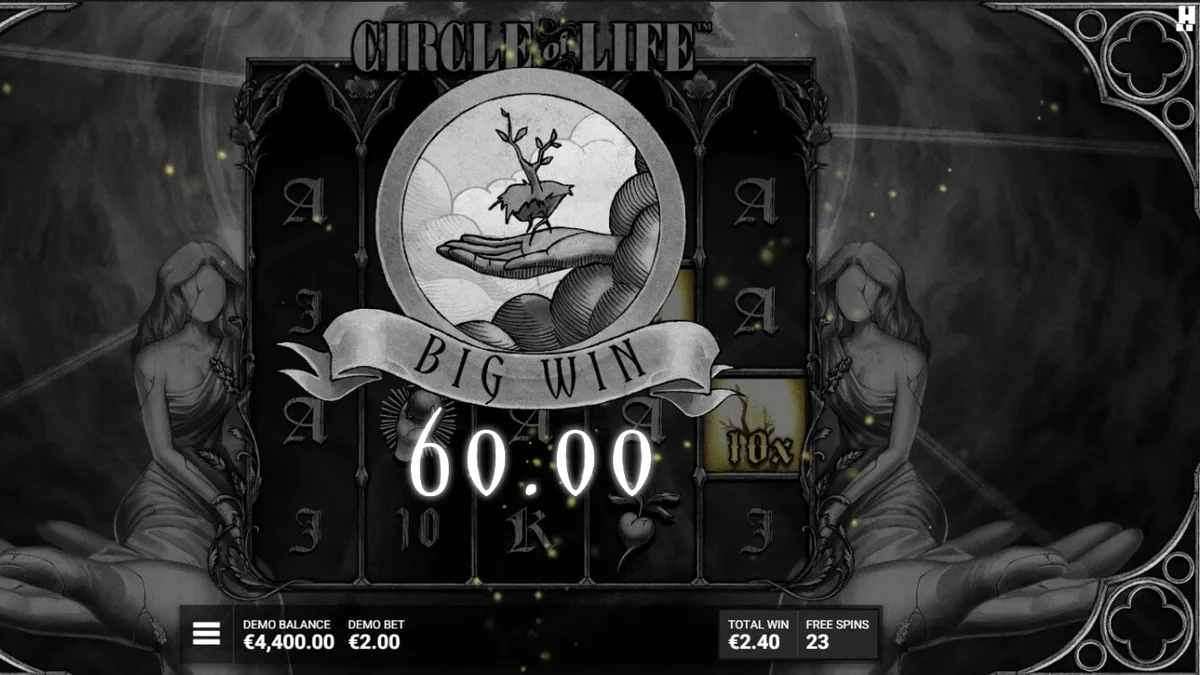 Tampilan visual slot Circle of Life dengan estetika monokrom dan pohon kehidupan yang bercahaya