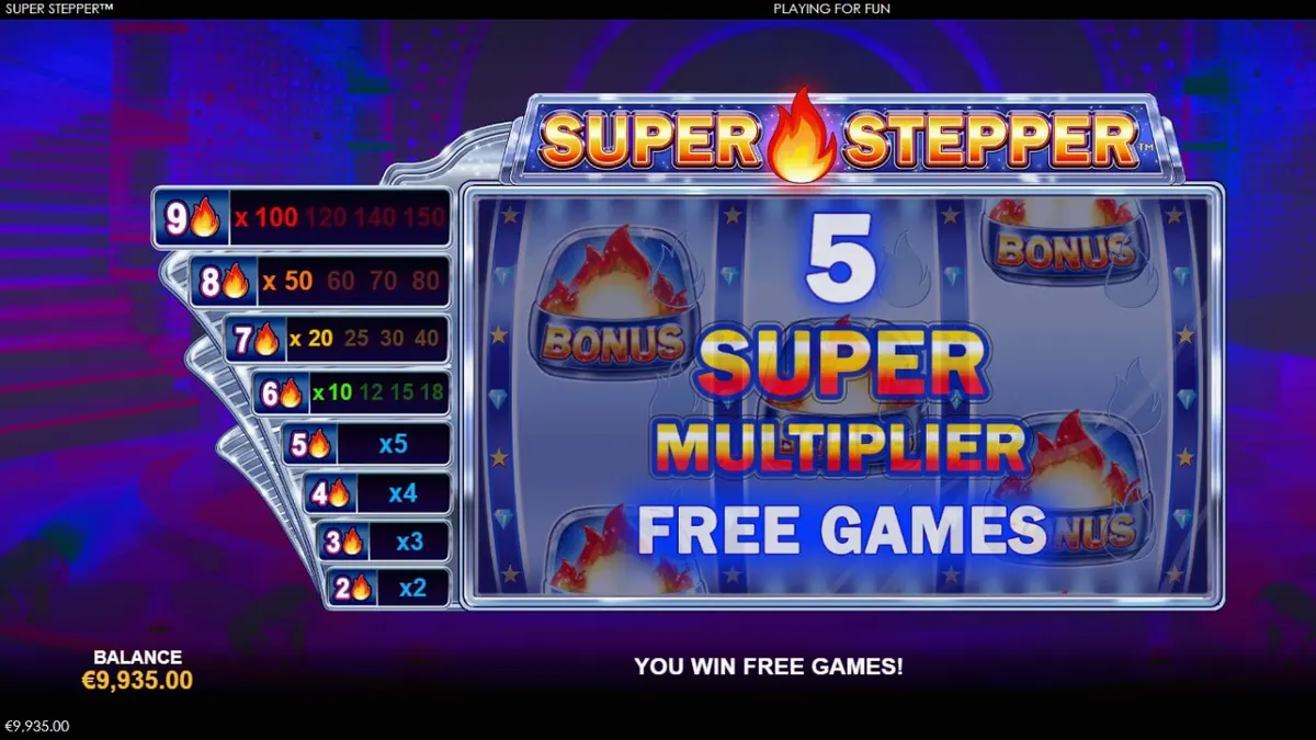 Tampilan layar permainan slot Super Stepper dengan gulungan 3x3 dan Multiplier Ladder di sisi kiri, berlatar belakang ungu neon futuristik.