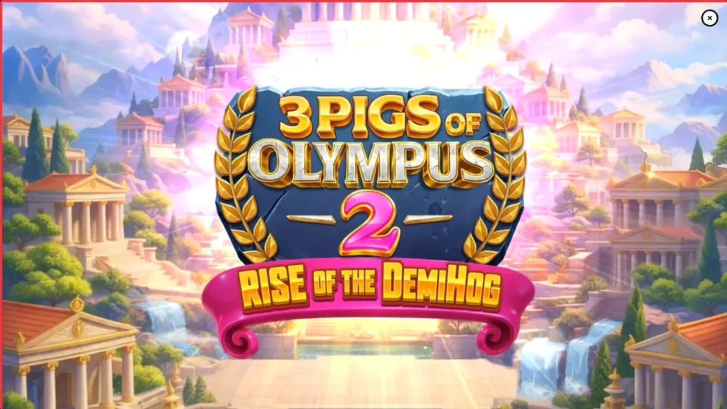 Tampilan visual slot 3 Pigs of Olympus 2 dengan latar belakang Gunung Olympus dan simbol babi pahlawan.