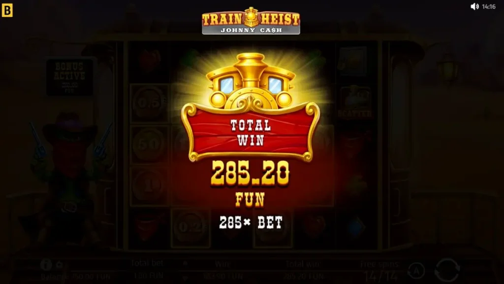 Tampilan visual slot Train Heist Johnny Cash dengan tema koboi kaktus dan latar belakang kereta api di gurun.