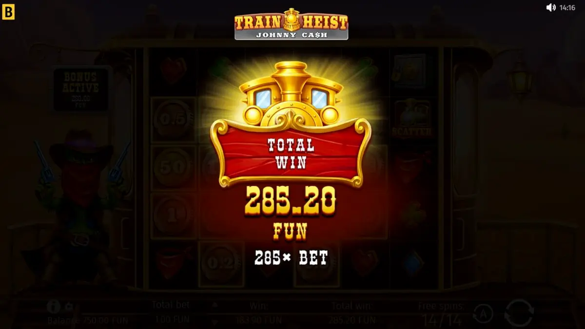 Tampilan visual slot Train Heist Johnny Cash dengan tema koboi kaktus dan latar belakang kereta api di gurun.